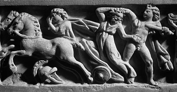 Oedipus killing his father Laius. Marble relief from the 3rd century BC.